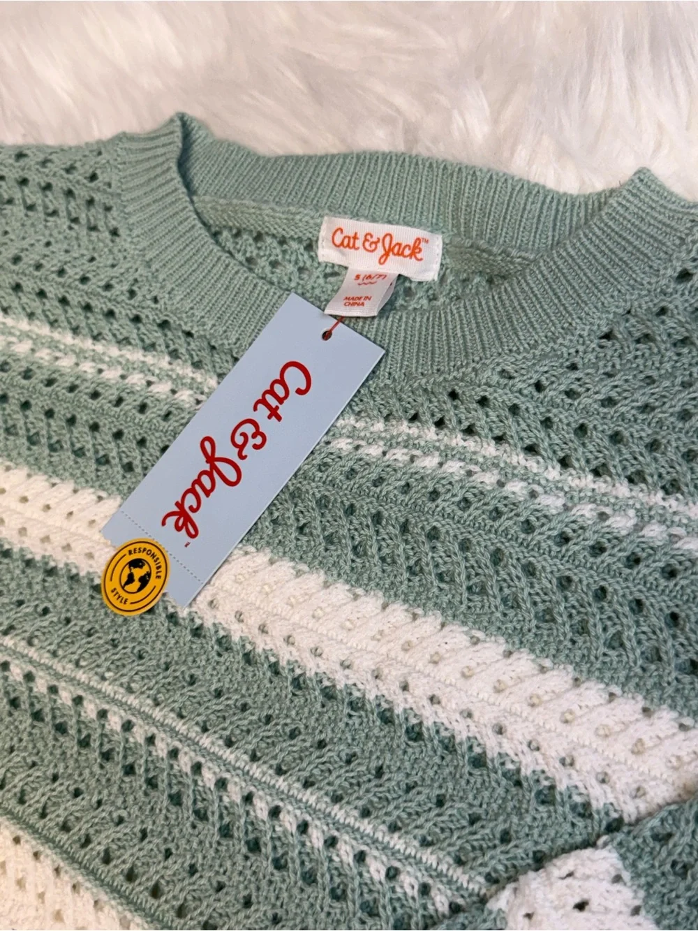 Cat & Jack Kids' Striped Crochet Sweater - Cream & Lavender size 6/7